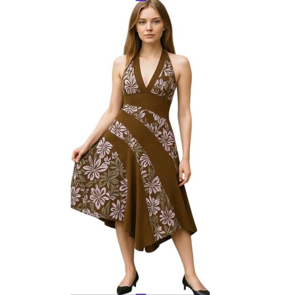 Y2K IZ Pink & Brown Floral Asymmetrical Halter Dress Large - Picture 1 of 10
